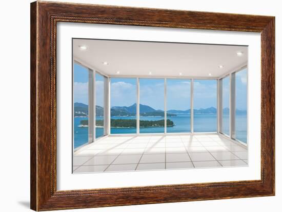 Empty Modern Lounge Area with Large Bay Window and View of Sea-FreshPaint-Framed Art Print