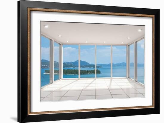 Empty Modern Lounge Area with Large Bay Window and View of Sea-FreshPaint-Framed Art Print