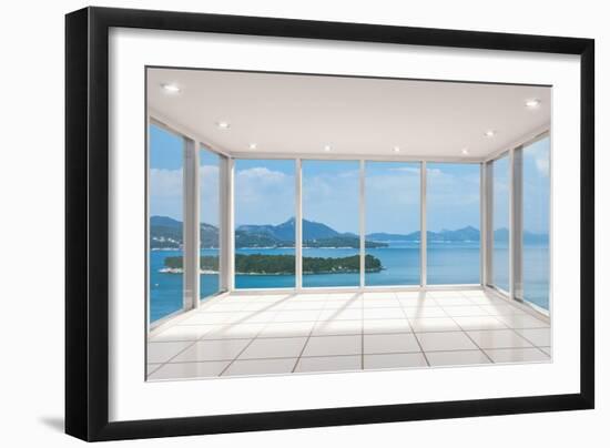 Empty Modern Lounge Area with Large Bay Window and View of Sea-FreshPaint-Framed Art Print