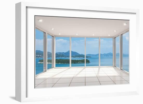 Empty Modern Lounge Area with Large Bay Window and View of Sea-FreshPaint-Framed Art Print