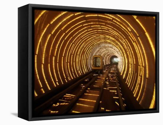 Empty Tourist Subway Car Runs Through Illuminated Tunnel in Shanghai, China-null-Framed Premier Image Canvas