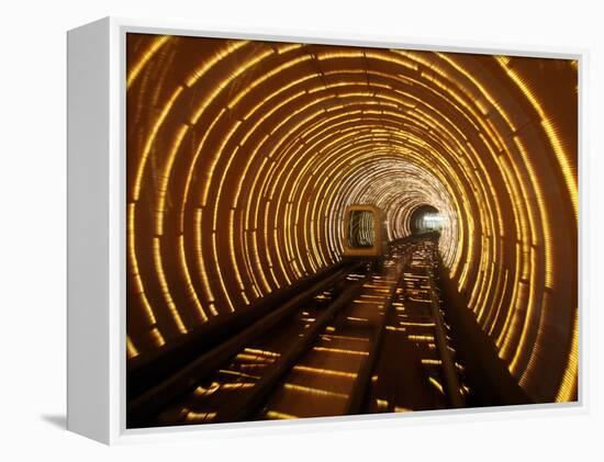 Empty Tourist Subway Car Runs Through Illuminated Tunnel in Shanghai, China-null-Framed Premier Image Canvas