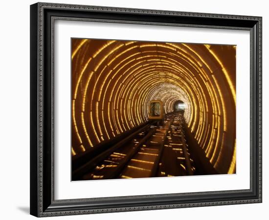 Empty Tourist Subway Car Runs Through Illuminated Tunnel in Shanghai, China-null-Framed Photographic Print