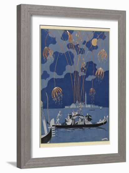 En bateau Fireworks in Venice People in a gondola-Georges Barbier-Framed Giclee Print