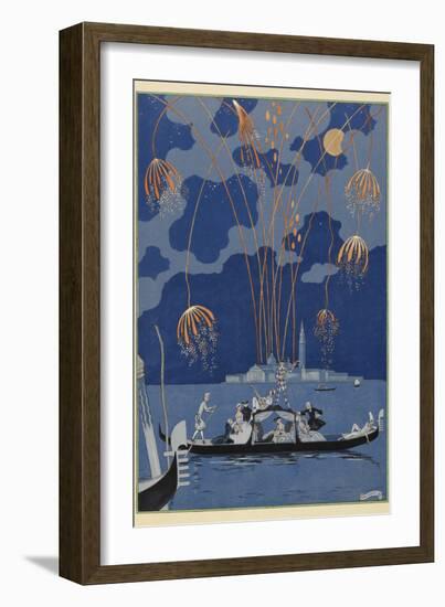 En bateau Fireworks in Venice People in a gondola-Georges Barbier-Framed Giclee Print