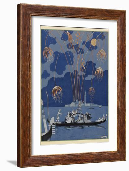 En bateau Fireworks in Venice People in a gondola-Georges Barbier-Framed Giclee Print