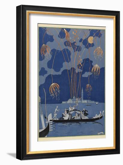 En bateau Fireworks in Venice People in a gondola-Georges Barbier-Framed Giclee Print