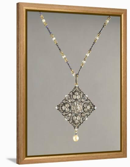 Enamelled Gold Necklace with Pendant Set with Pearls and Diamonds-null-Framed Premier Image Canvas