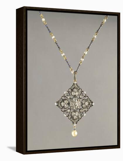 Enamelled Gold Necklace with Pendant Set with Pearls and Diamonds-null-Framed Premier Image Canvas