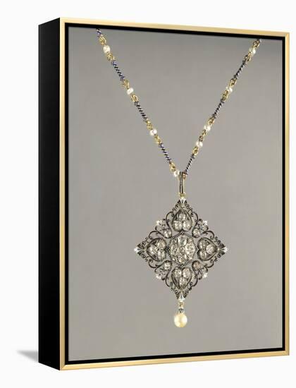 Enamelled Gold Necklace with Pendant Set with Pearls and Diamonds-null-Framed Premier Image Canvas