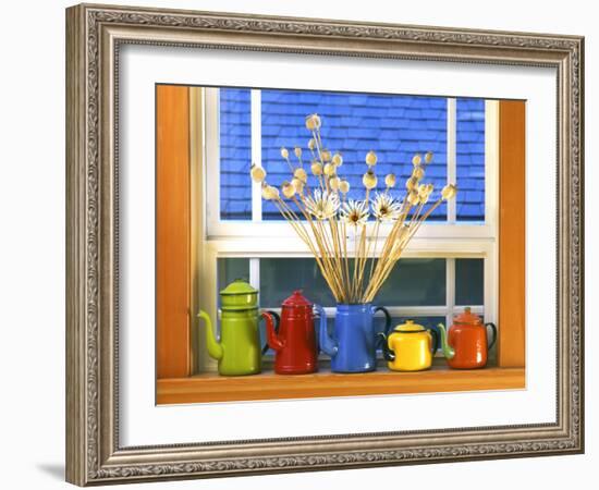 Enamelware Teapots & Coffeepots on Window Sill, Portland, Oregon, USA-Steve Terrill-Framed Photographic Print