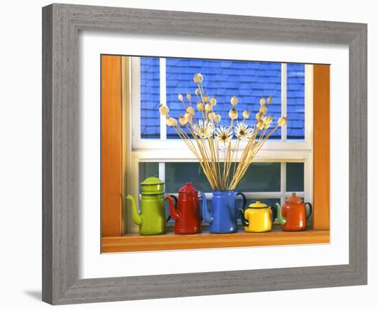 Enamelware Teapots & Coffeepots on Window Sill, Portland, Oregon, USA-Steve Terrill-Framed Photographic Print