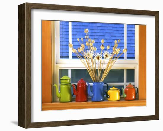 Enamelware Teapots & Coffeepots on Window Sill, Portland, Oregon, USA-Steve Terrill-Framed Photographic Print