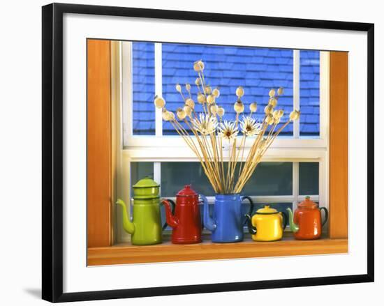 Enamelware Teapots & Coffeepots on Window Sill, Portland, Oregon, USA-Steve Terrill-Framed Photographic Print