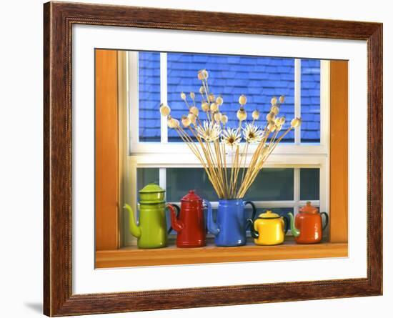 Enamelware Teapots & Coffeepots on Window Sill, Portland, Oregon, USA-Steve Terrill-Framed Photographic Print