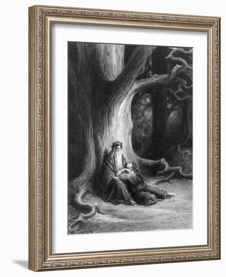 Enchanter Merlin and the Fairy in Forest of Broceliande, from 'Vivien', Poem by Alfred Tennyson-Gustave Doré-Framed Giclee Print