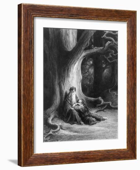 Enchanter Merlin and the Fairy in Forest of Broceliande, from 'Vivien', Poem by Alfred Tennyson-Gustave Doré-Framed Giclee Print