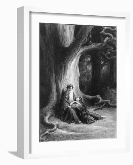 Enchanter Merlin and the Fairy in Forest of Broceliande, from 'Vivien', Poem by Alfred Tennyson-Gustave Doré-Framed Giclee Print