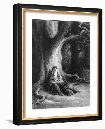 Enchanter Merlin and the Fairy in Forest of Broceliande, from 'Vivien', Poem by Alfred Tennyson-Gustave Doré-Framed Giclee Print