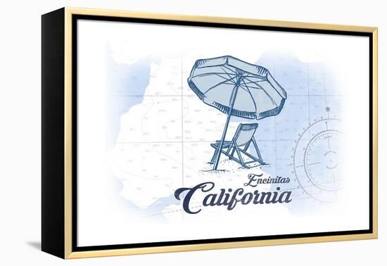 Encinitas, California - Beach Chair and Umbrella - Blue - Coastal Icon-Lantern Press-Framed Stretched Canvas