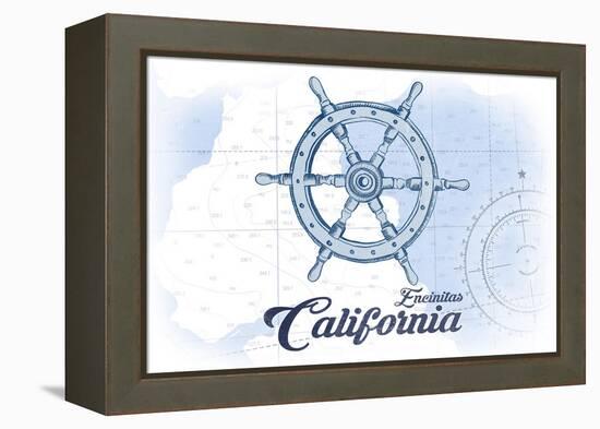 Encinitas, California - Ship Wheel - Blue - Coastal Icon-Lantern Press-Framed Stretched Canvas