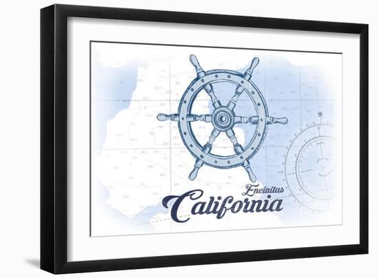Encinitas, California - Ship Wheel - Blue - Coastal Icon-Lantern Press-Framed Art Print