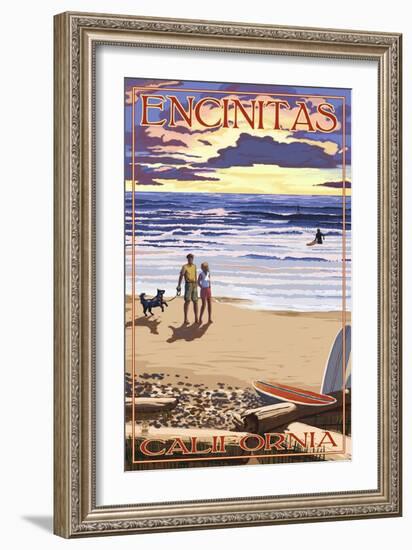 Encinitas, California - Sunset Beach Scene-Lantern Press-Framed Art Print