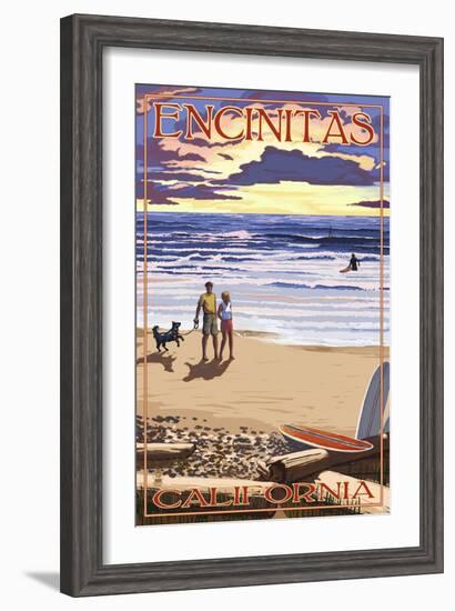 Encinitas, California - Sunset Beach Scene-Lantern Press-Framed Art Print