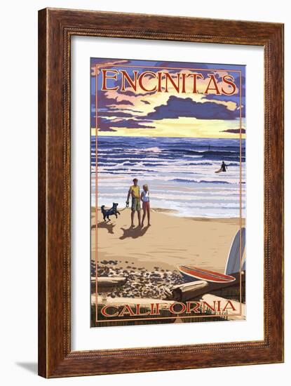 Encinitas, California - Sunset Beach Scene-Lantern Press-Framed Art Print