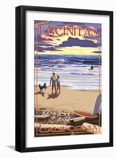 Encinitas, California - Sunset Beach Scene-Lantern Press-Framed Art Print