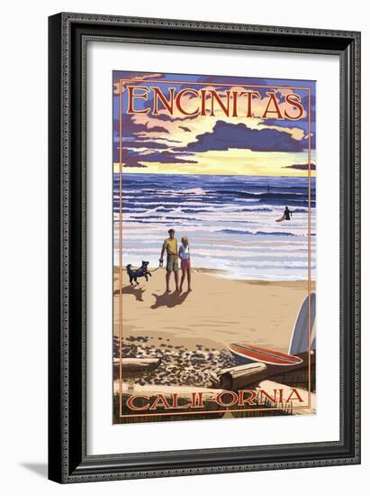 Encinitas, California - Sunset Beach Scene-Lantern Press-Framed Art Print