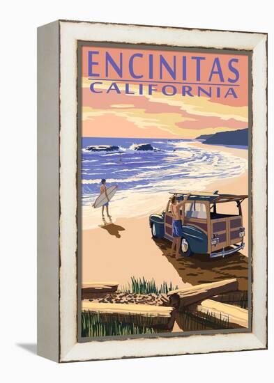 Encinitas, California - Woody on Beach-Lantern Press-Framed Stretched Canvas