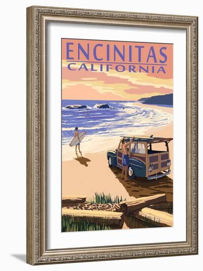 Encinitas, California - Woody on Beach-Lantern Press-Framed Art Print