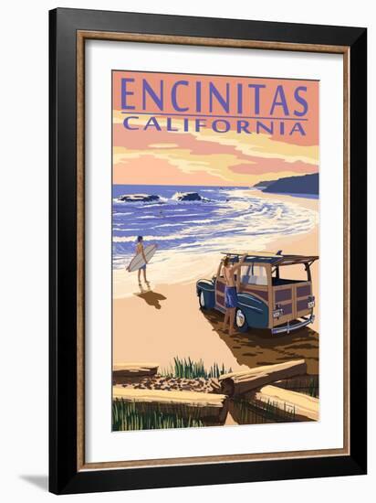 Encinitas, California - Woody on Beach-Lantern Press-Framed Art Print