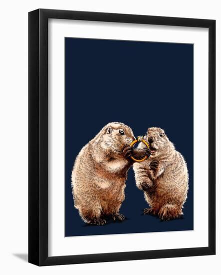 Engaged Prairie Dogs on Midnight Blue, 2020, (Pen and Ink)-Mike Davis-Framed Giclee Print