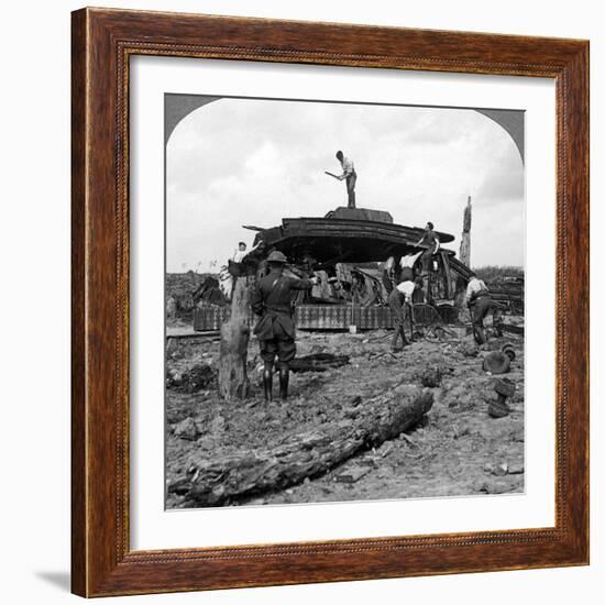 Engineers Clearing a Destroyed Tank from a Road, World War I, 1917-1918-null-Framed Photographic Print