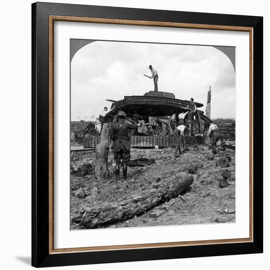 Engineers Clearing a Destroyed Tank from a Road, World War I, 1917-1918-null-Framed Photographic Print