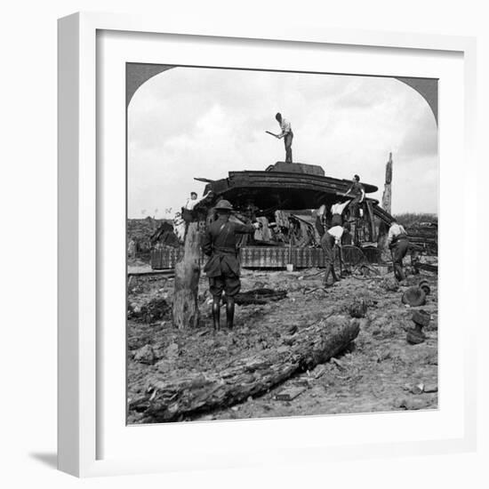 Engineers Clearing a Destroyed Tank from a Road, World War I, 1917-1918-null-Framed Photographic Print