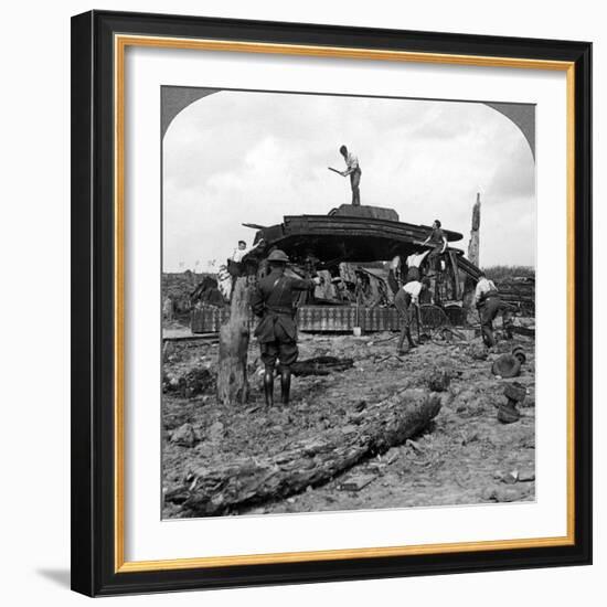 Engineers Clearing a Destroyed Tank from a Road, World War I, 1917-1918-null-Framed Photographic Print