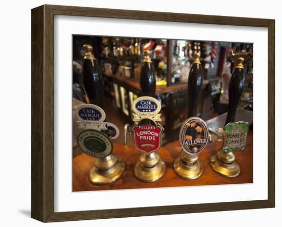 England, London, Beer Pump Handles at the Bar Inside Tradional Pub-Steve Vidler-Framed Photographic Print