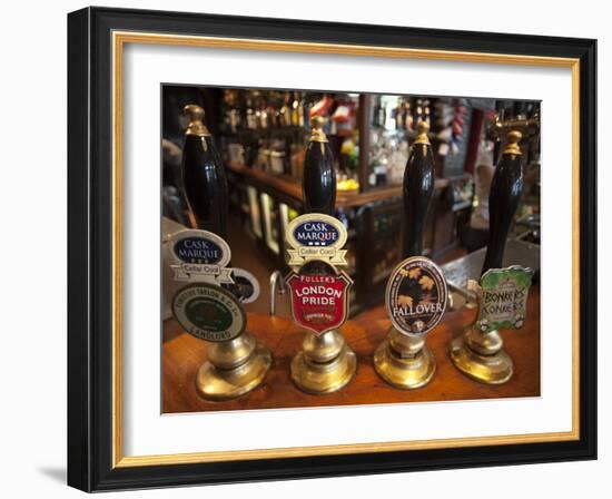 England, London, Beer Pump Handles at the Bar Inside Tradional Pub-Steve Vidler-Framed Photographic Print