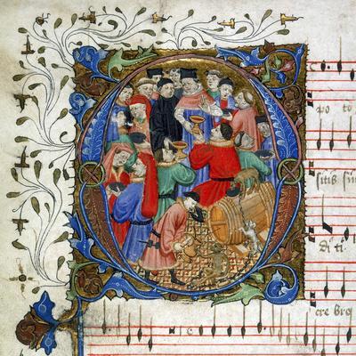 Letter of a medieval drinking song from Windsor Carol Book, circa 1440 miniature - Giclee Print, 16x16