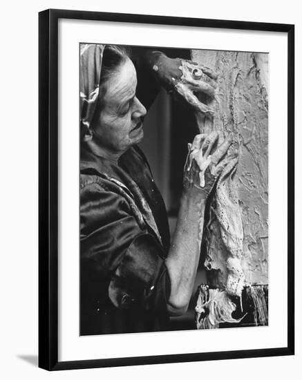 English Sculptor, Barbara Hepworth, at Work in Her Studio-Paul Schutzer-Framed Premium Photographic Print