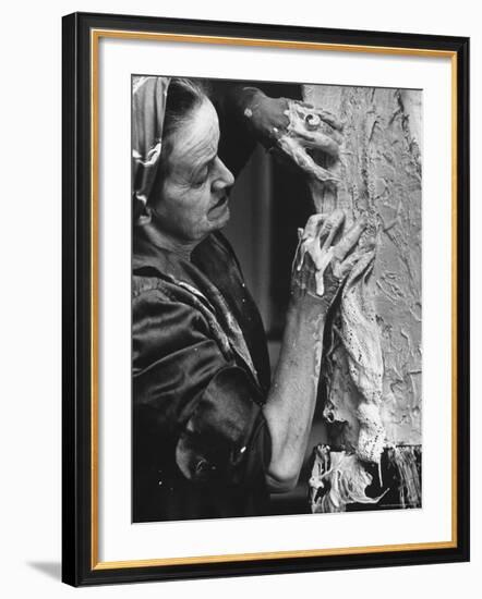 English Sculptor, Barbara Hepworth, at Work in Her Studio-Paul Schutzer-Framed Premium Photographic Print