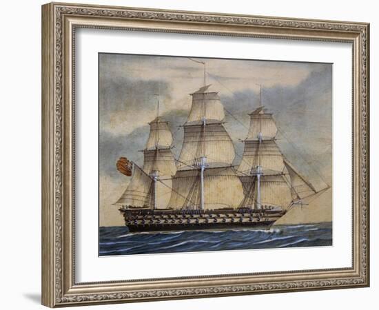 English Third-Rate Sailing Ship with 74 Guns in Genoa in April, 1849, Watercolor by Adene, 1858-null-Framed Giclee Print