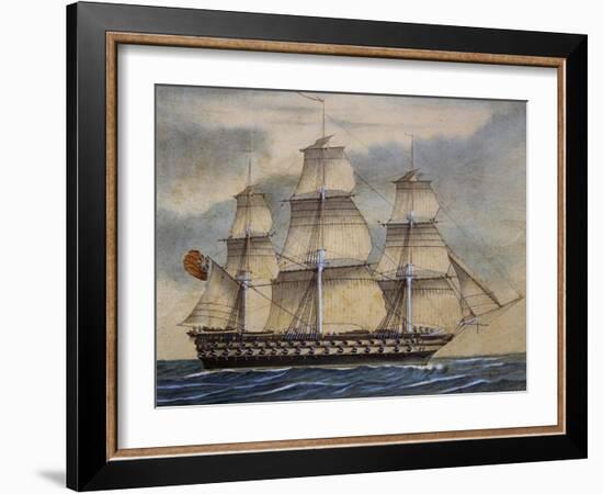 English Third-Rate Sailing Ship with 74 Guns in Genoa in April, 1849, Watercolor by Adene, 1858-null-Framed Giclee Print