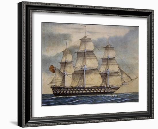 English Third-Rate Sailing Ship with 74 Guns in Genoa in April, 1849, Watercolor by Adene, 1858-null-Framed Giclee Print