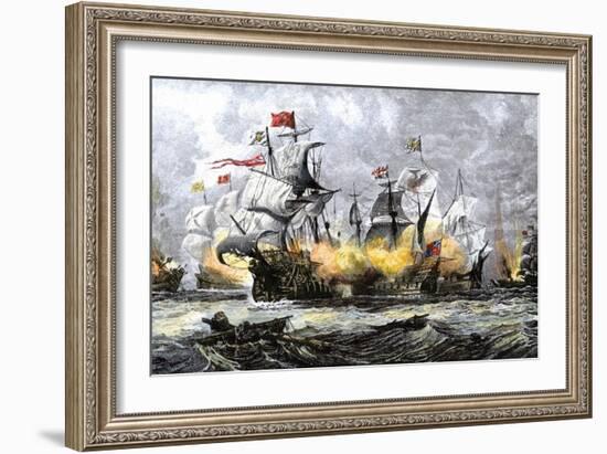 English Warship, Vanguard, Attacking the Spanish Armada, c.1588-null-Framed Giclee Print