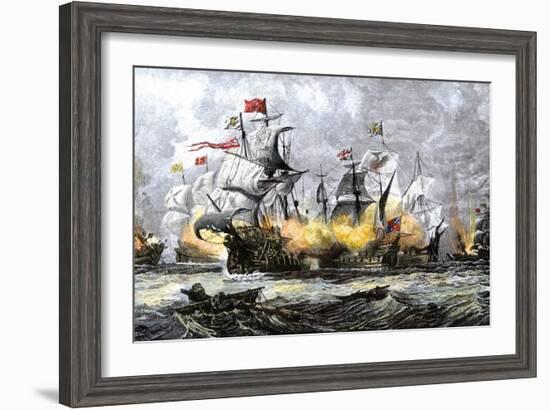 English Warship, Vanguard, Attacking the Spanish Armada, c.1588-null-Framed Giclee Print