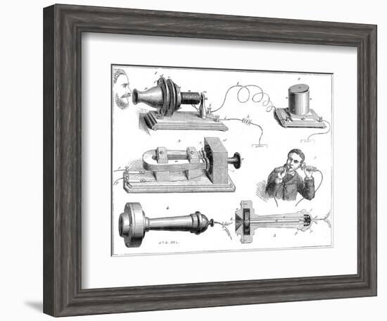 Engraving Diagram Showing Alexander Graham Bells Telephone System-null-Framed Art Print